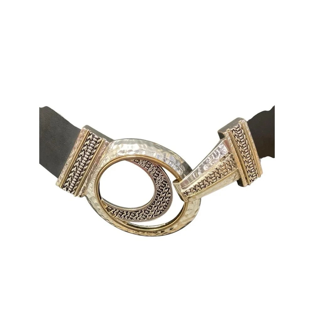 CHICOs Belt Leather Black Gold Silver Tone Hook Buckle Art To Wear Statement S/M